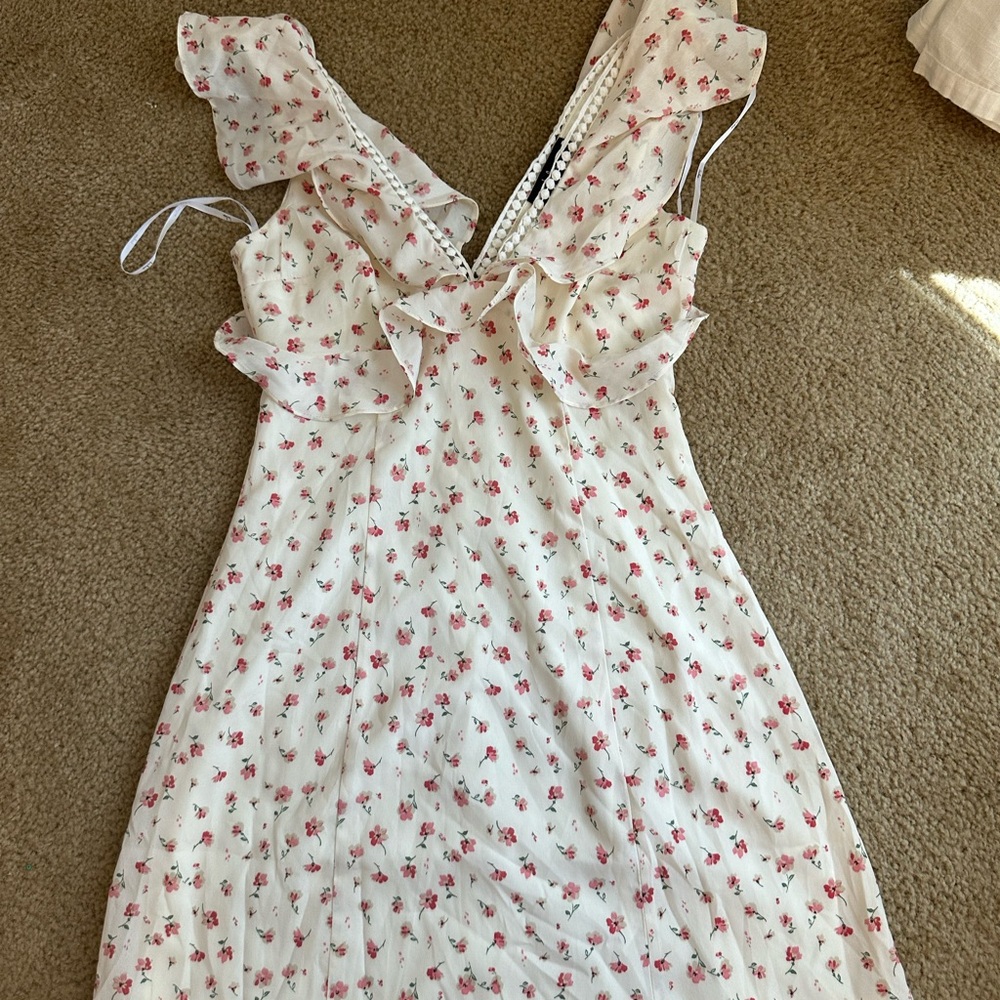 Lulu's White Floral Ruffle Midi Dress with Pink Rose Print
